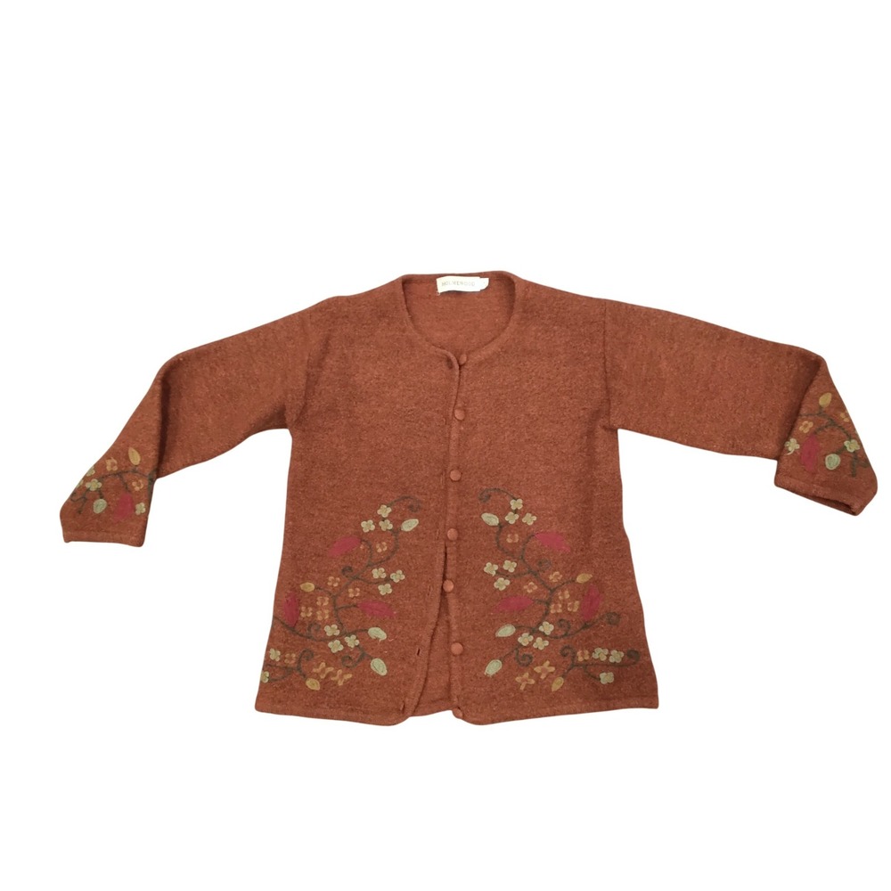 Holmewood Rust Orange Floral Embroidered 100% Wool Cardigan Sweater S 10/12